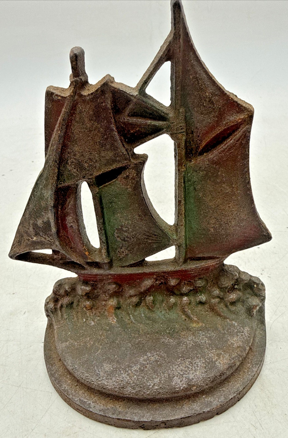 Antique Cast Iron Sailboat Bookend Single Vtg Ship Doorstop Copper Wash 2lb 5.5