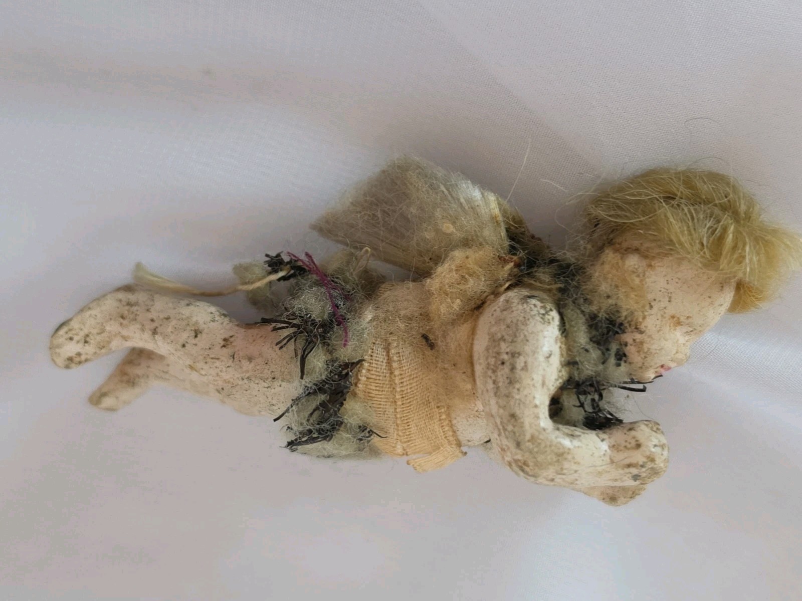 1800s German Wax Composition Angel Spun Glass Wings Ornament Mohair Wig