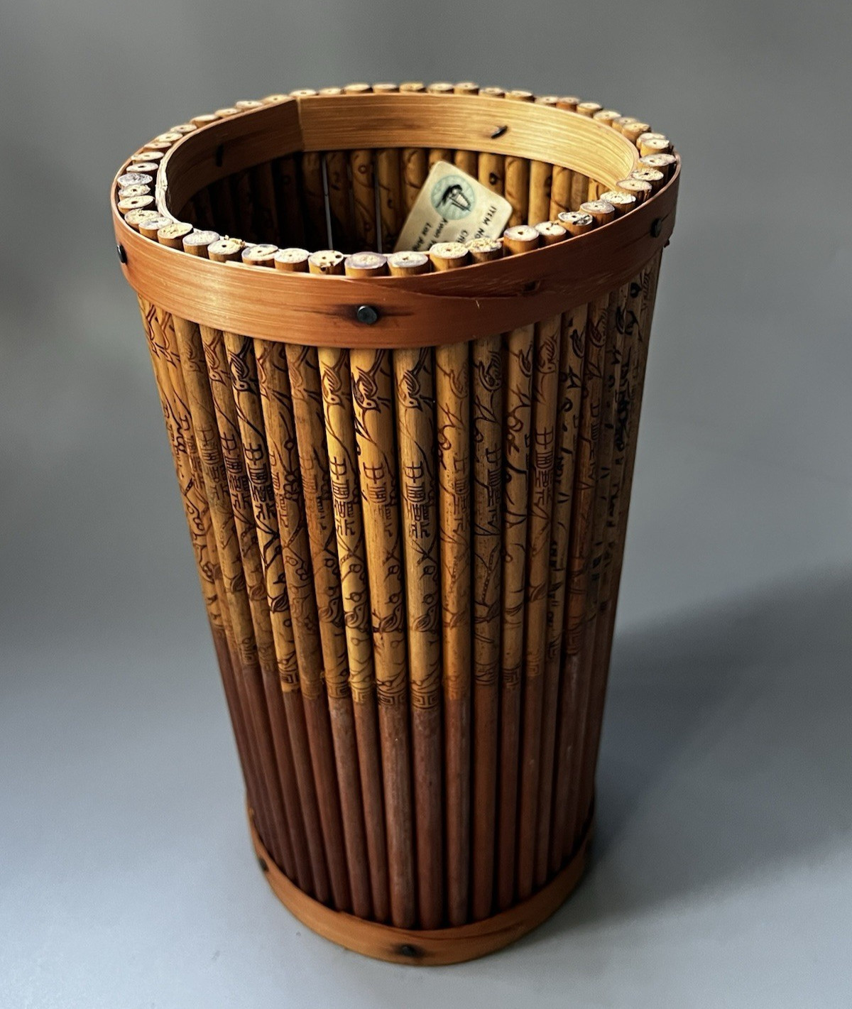 Vtg Kwan Yuen Bamboo Umbrella Stand Pyrography Etched Basket Planter Los Angeles