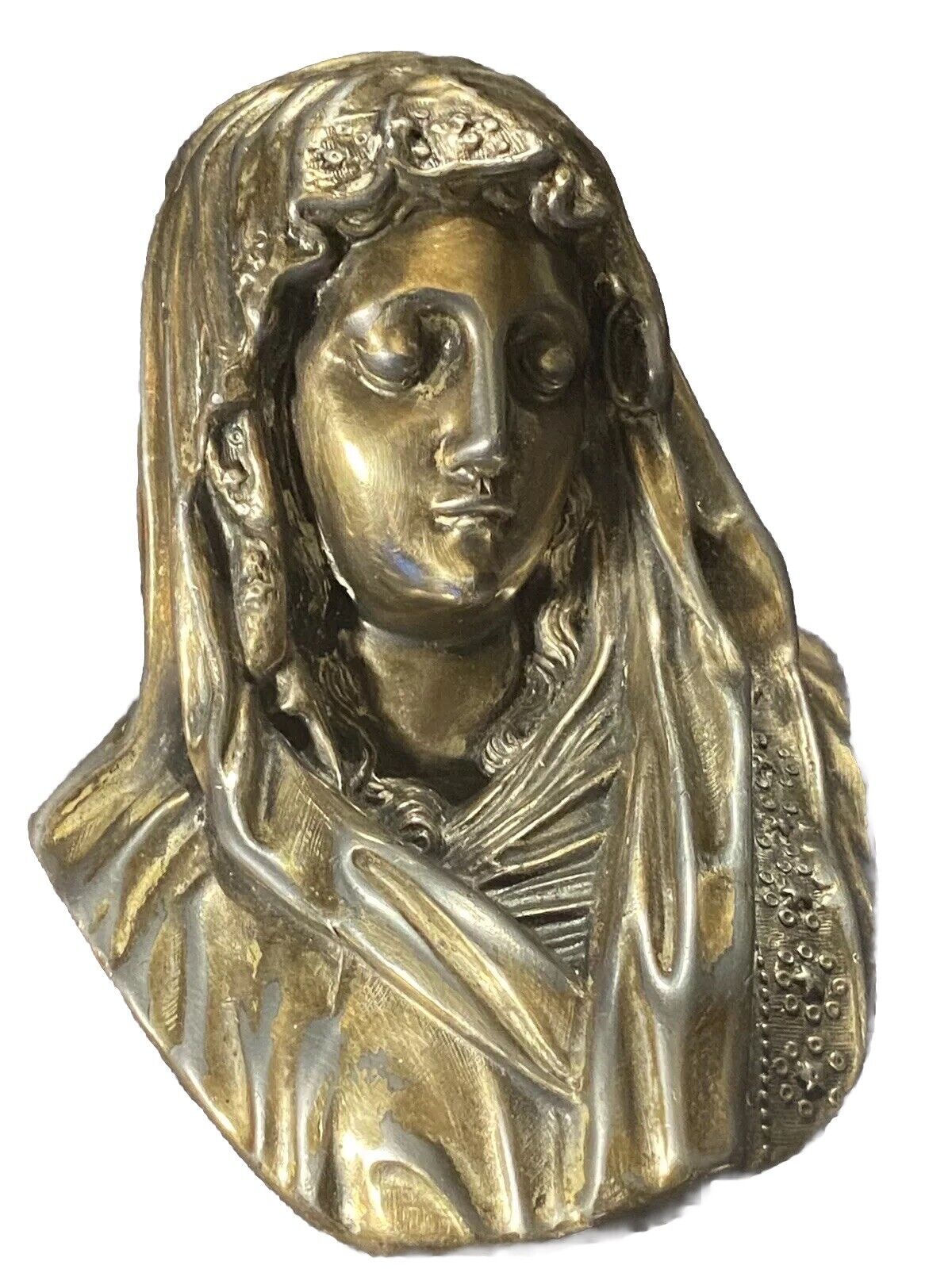 Vintage Virgin Mother Mary Silver Wall Art Sculpture J. Catineau 3D Bust Figure
