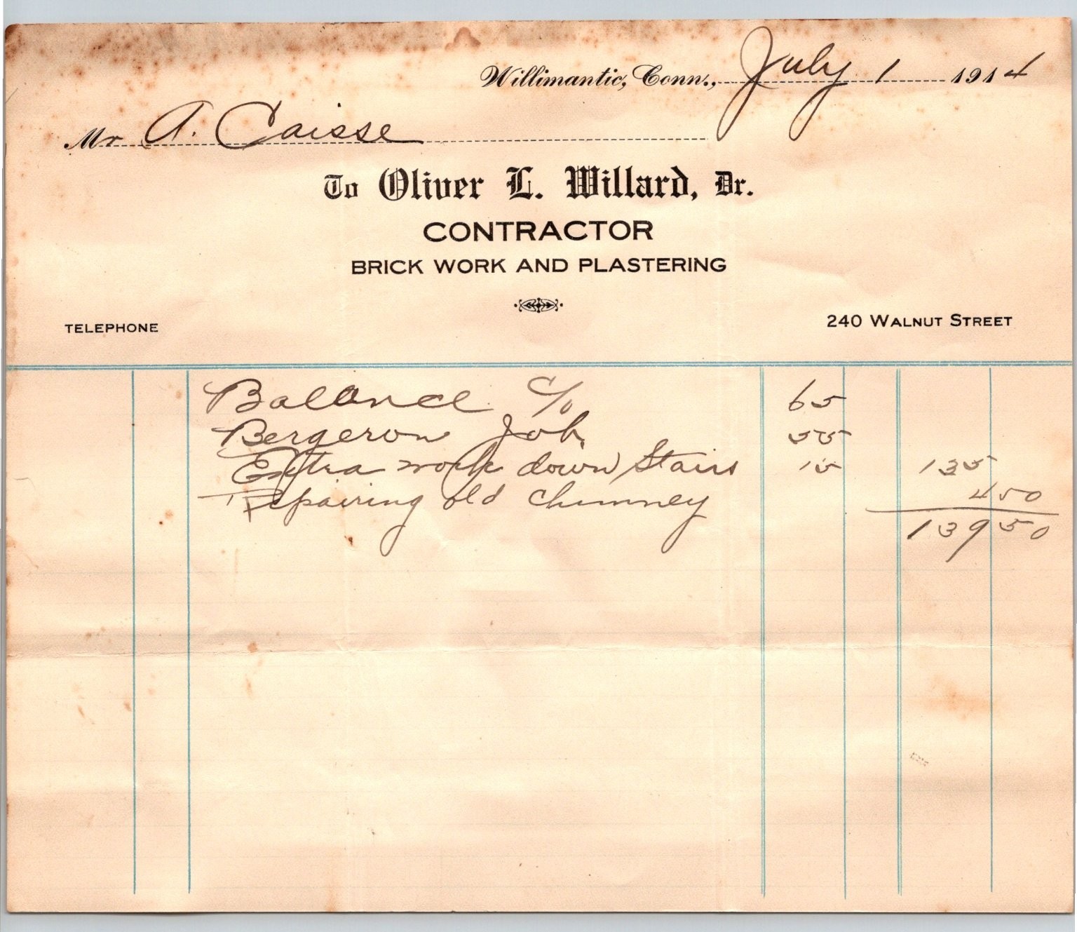 1914 Willimantic CT Contractor Invoice Oliver L. Willard Brick Work Ephemera