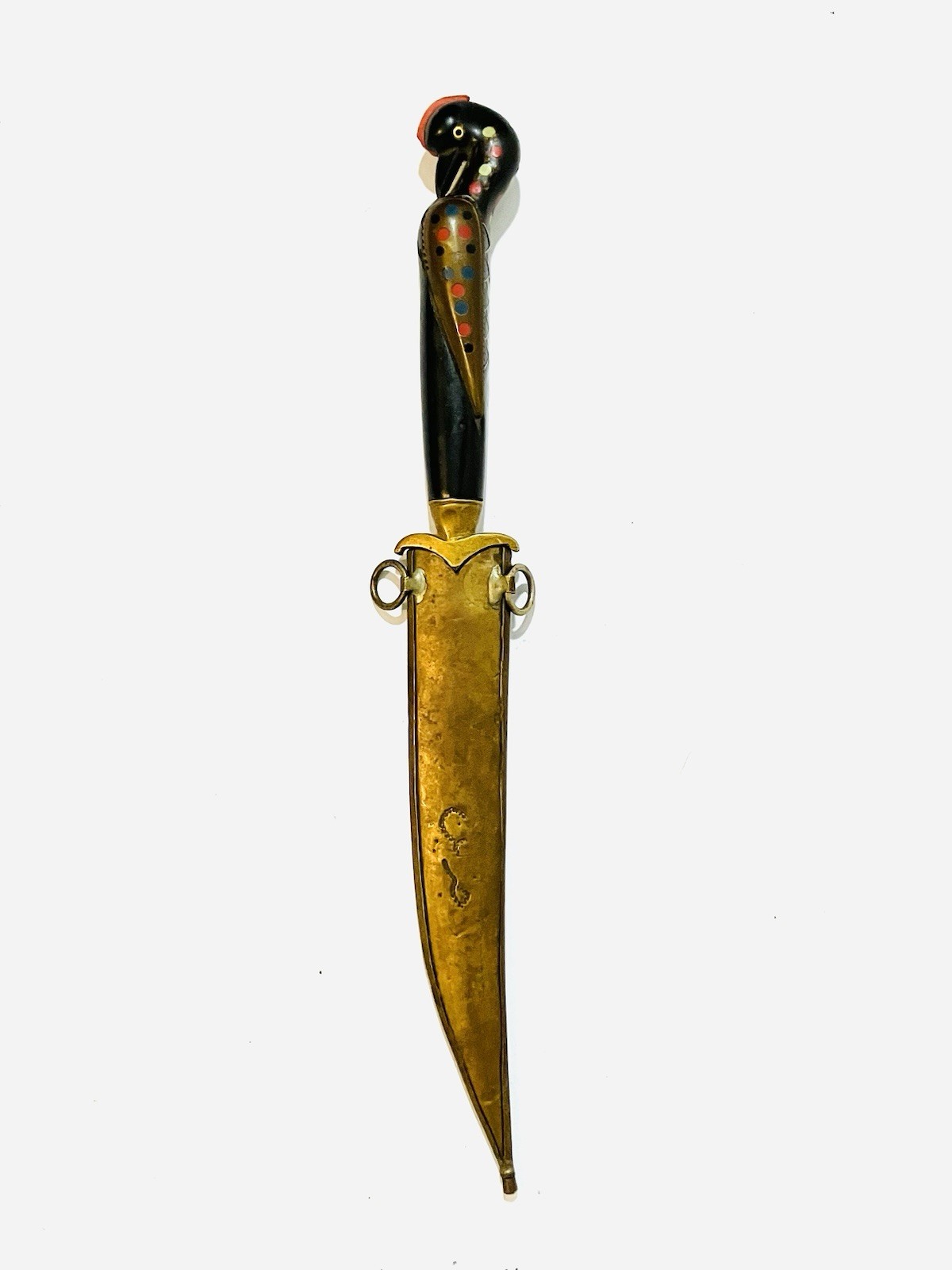 Vintage Lebanese Jezzine Dagger With Bird Inlay Handle & Ornate Brass Sheath