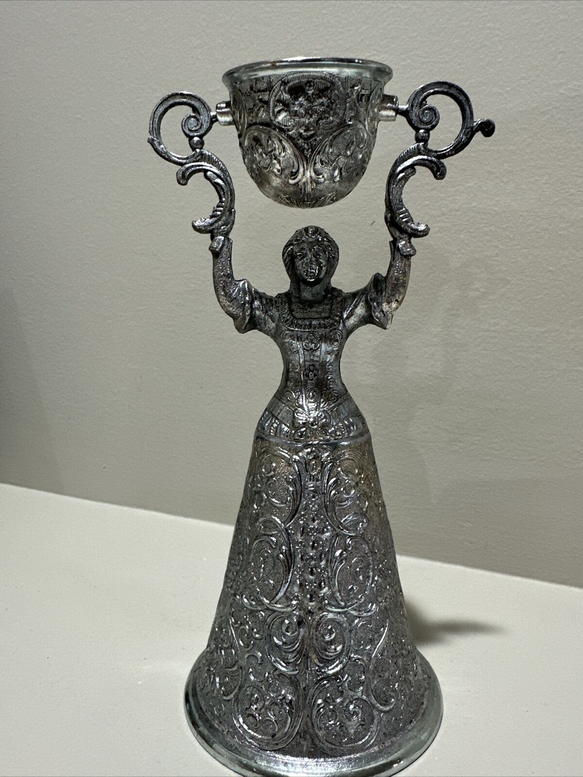 Vintage Wedding Wager Cup Silverplate Intricate Beautiful Lady Japan