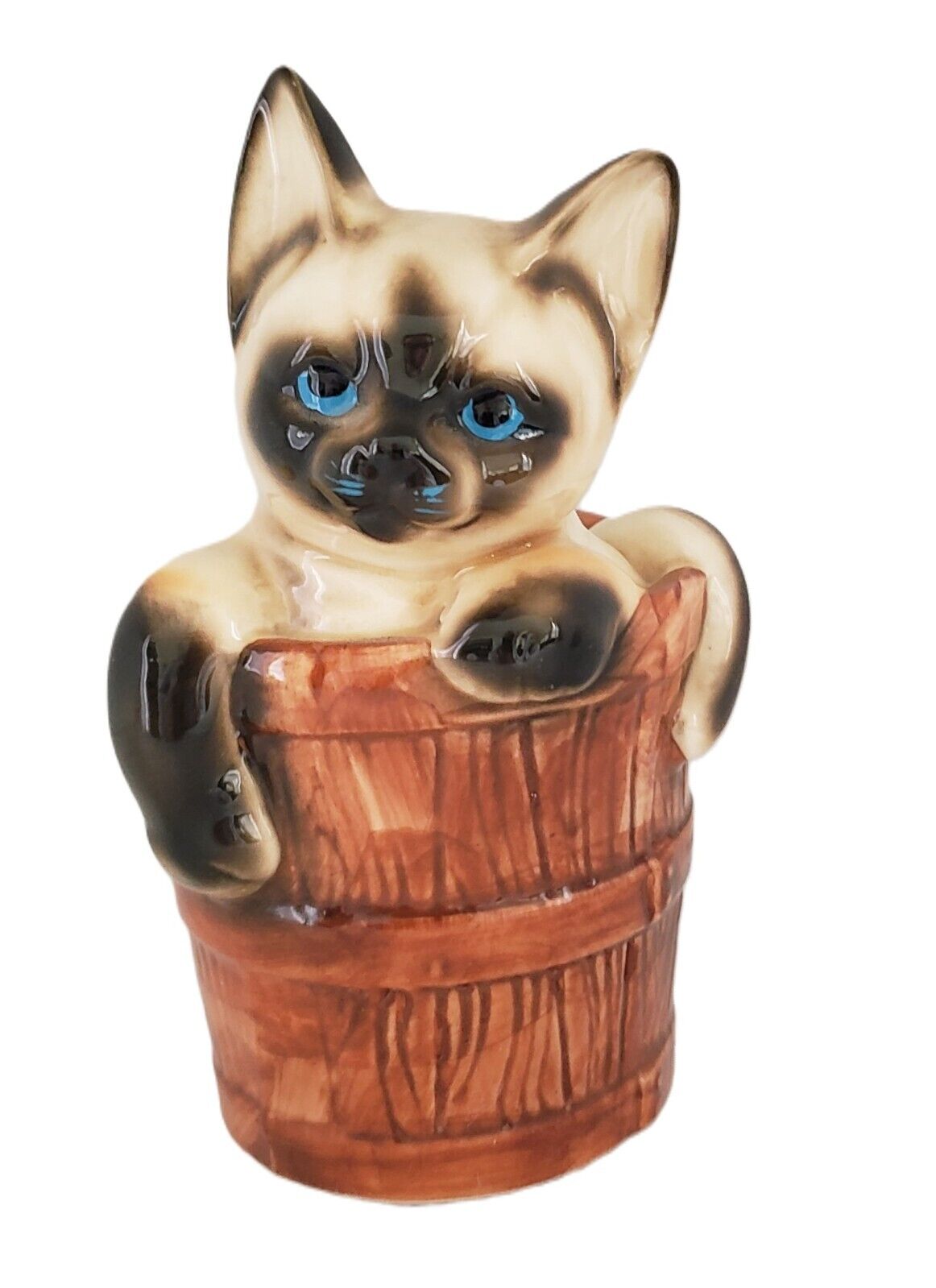 Vtg Enesco Ceramic Siamese Blue Eyed Kitten Cat Milk Bucket Figurine Collectible