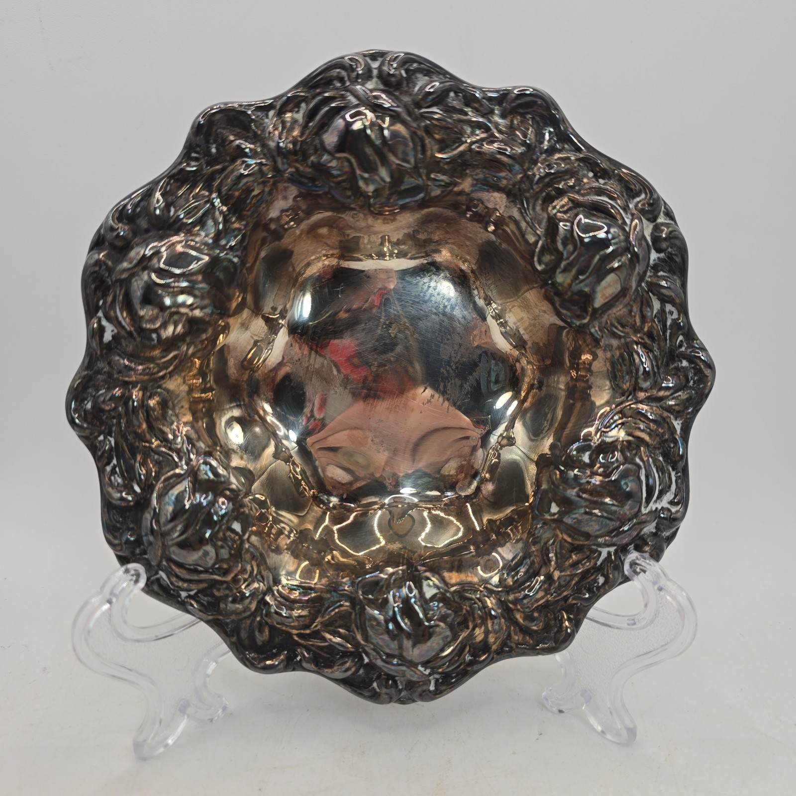 Vintage Wallace Silver Plated Nut Candy Trinket Dish Ornate Rose Buds USA