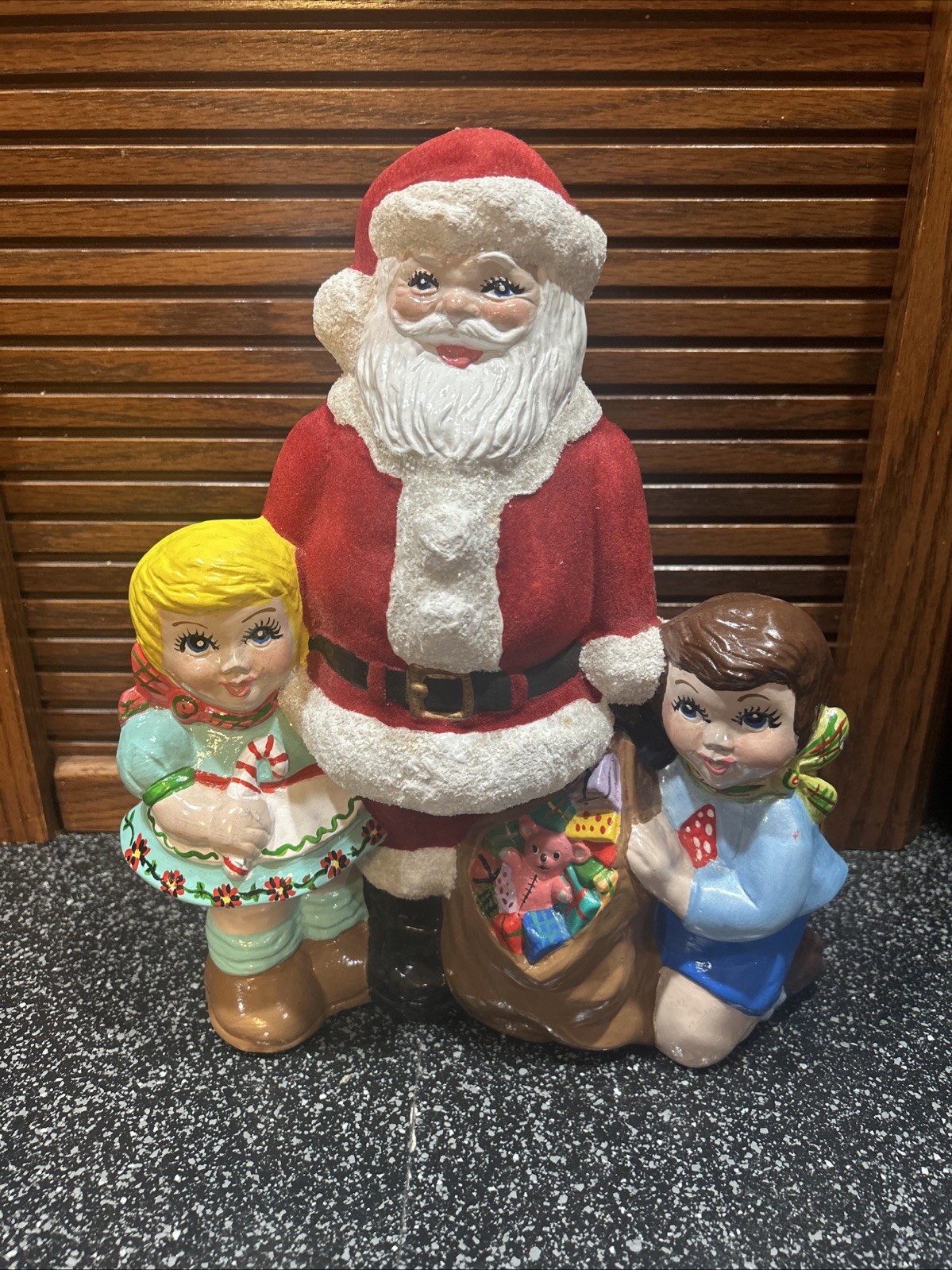 Vintage Ceramic Felted Santa Claus with Children Figurine Vintage Ceramic Felted Santa Claus with Children Figurine
