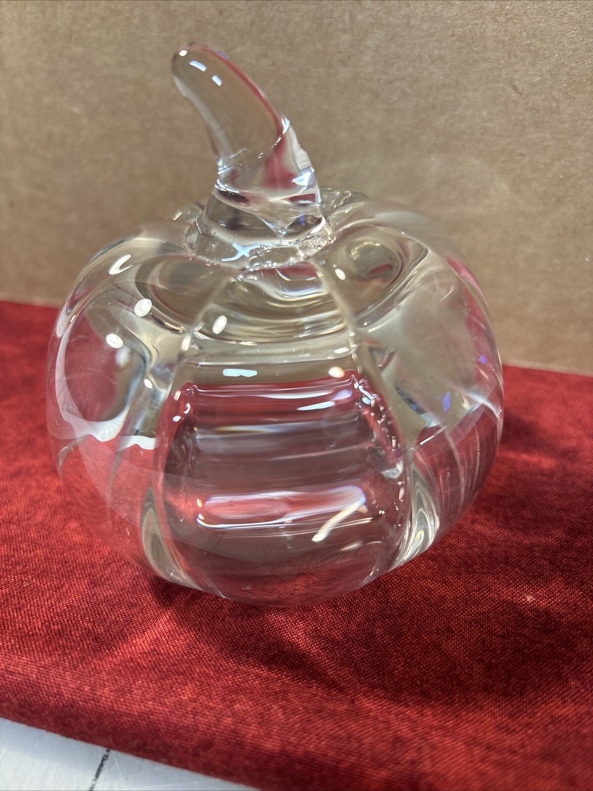 Unmarked Solid Glass Clear Pumpkin Paperweight Figurine.