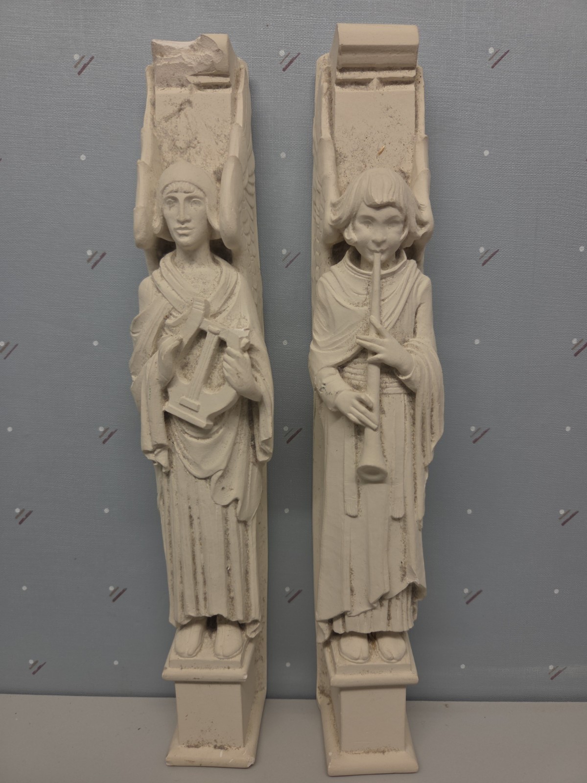 Vintage Facsimilies Ltd Musical Angel Figures Pair Gothic Harp Horn Chalkware