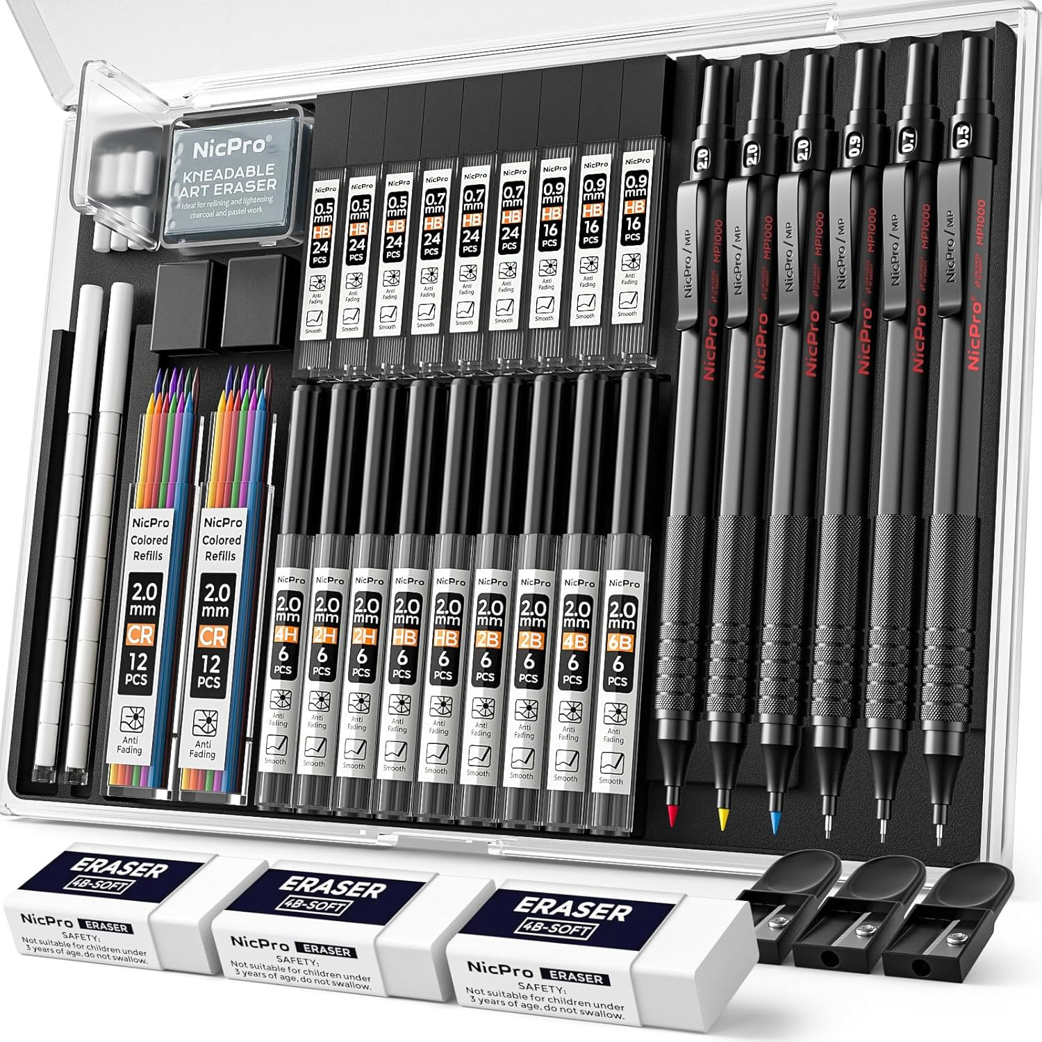 Nicpro 35PCS Black Metal Mechanical Pencils Set in Case, Art Drafting Pencil 0.5