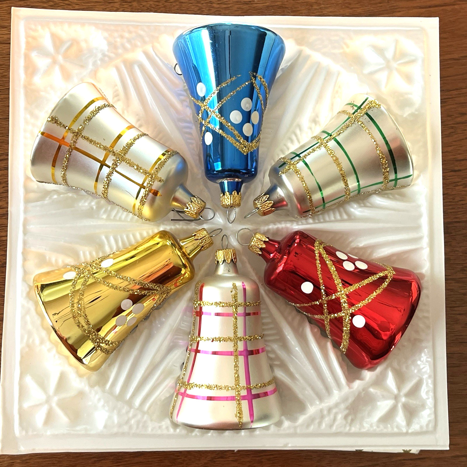 Vintage Colombia Blown Glass Christmas Ornaments Boxed Set of 6 Bells