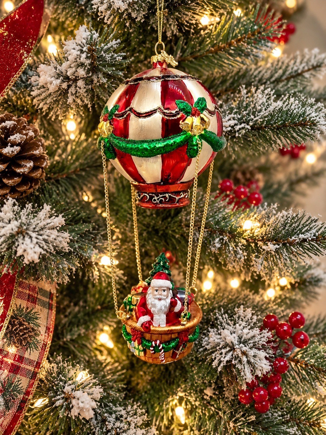 8.5” Hand Painted Santa Hot Air Balloon Glass Christmas Ornament