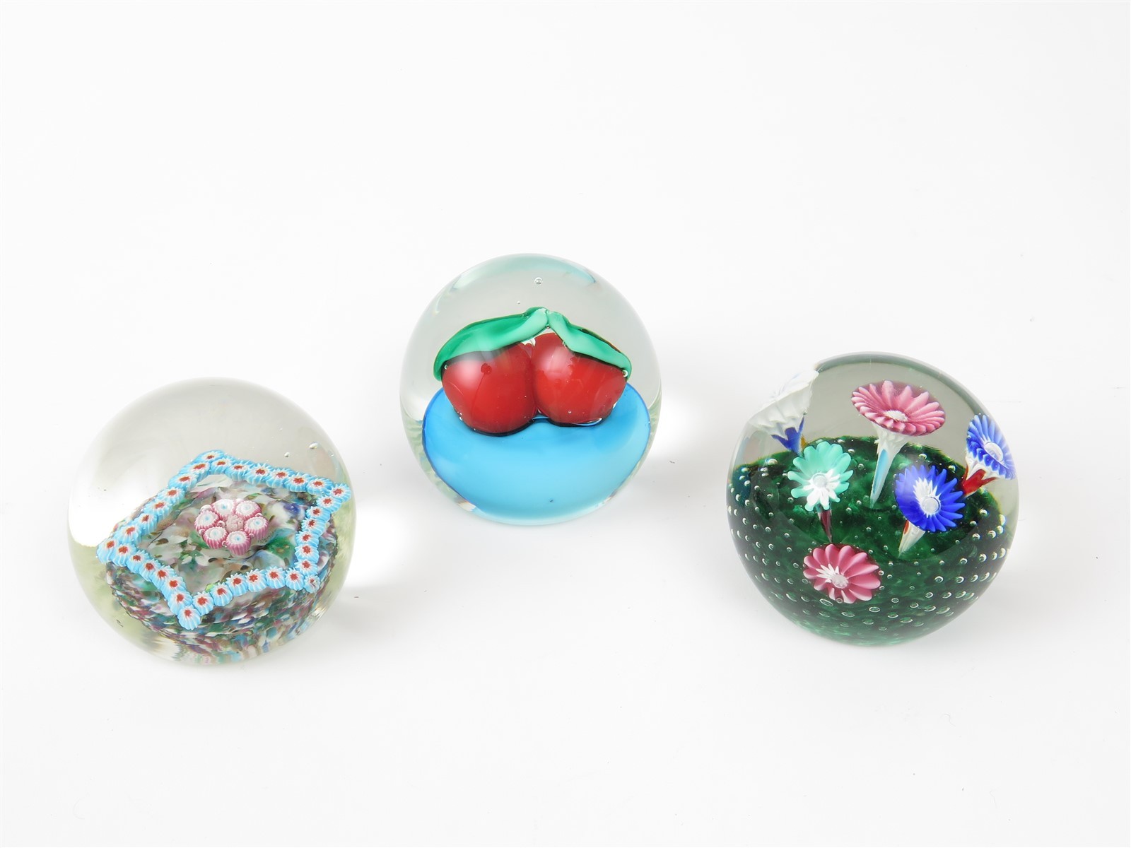 3 Fratelli Toso Murano Art Glass Paperweights Sulphide Cherry Trumpet Millefiori