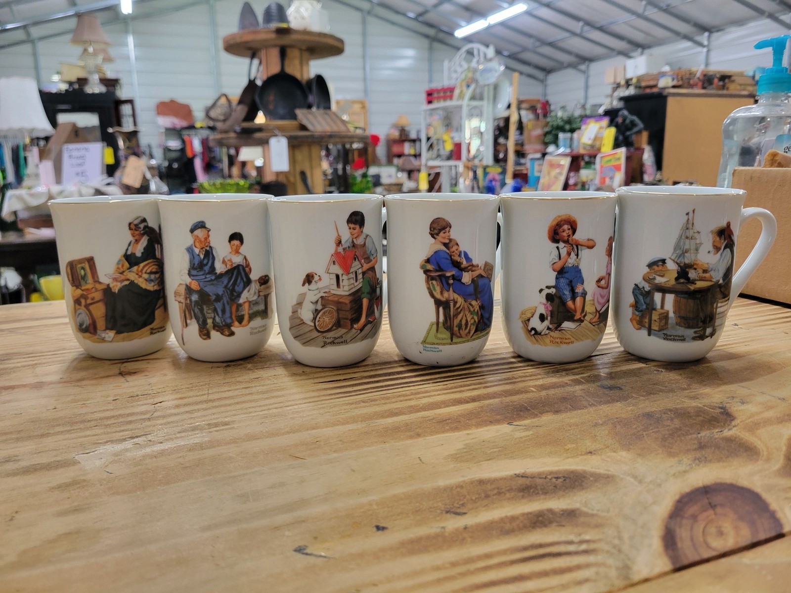 Norman Rockwell Ceramic Mugs Set of 6 Vintage Illustrated Coffee Cups Free