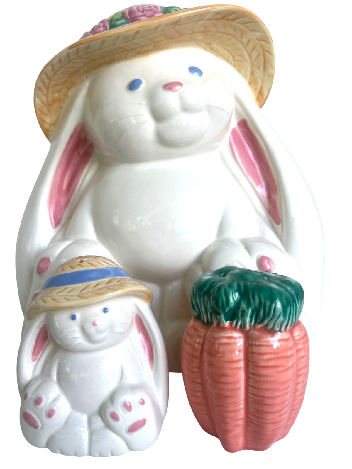Vtg Anthropomorphic Rabbit Bunny Cookie Jar Hat & Salt Pepper Shakers Set Carrot