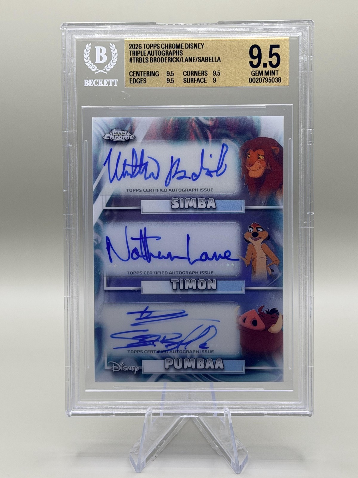 2026 Topps Chrome Disney Broderick/Lane/Sabella Lion King Triple Auto BGS 9.5