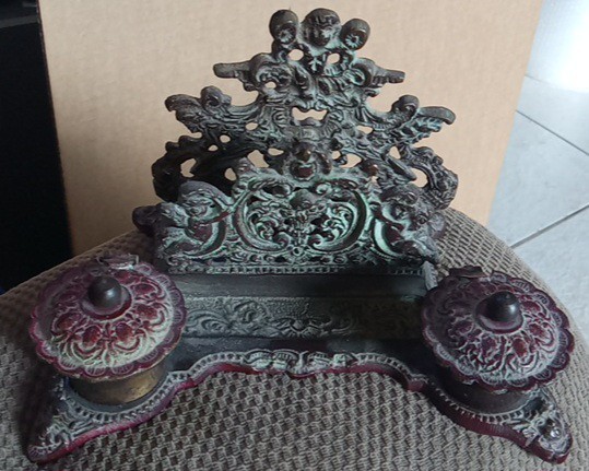 Brass Inkwell/Letter Holder Desk Accessory Vintage Antique Cherubs Brass Inkwell/Letter Holder Desk Accessory Vintage Antique Cherubs