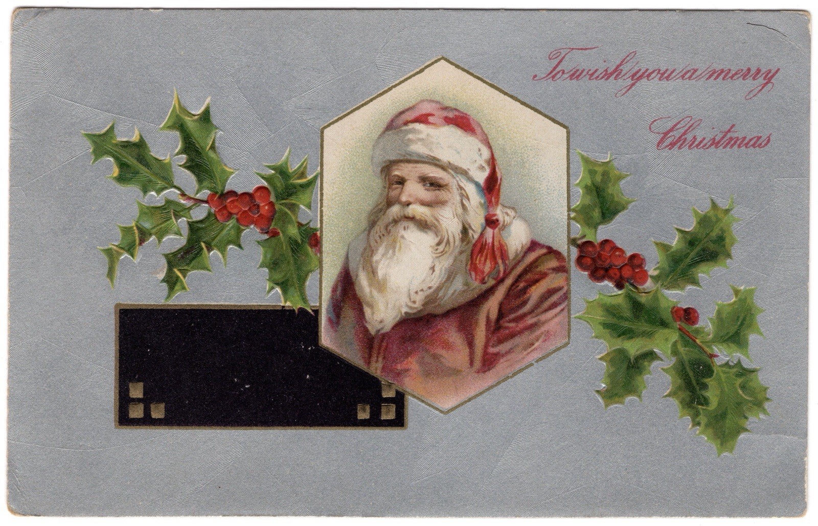 1909 Embossed Santa Hexagon Portrait Holly Silver Christmas Postcard Germany
