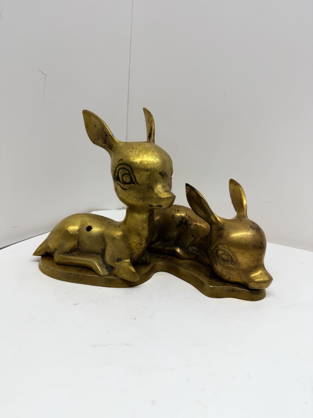 Vintage Hollow Brass Two Fawns Figurine Big Eyes MCM Deer Sculpture 10”