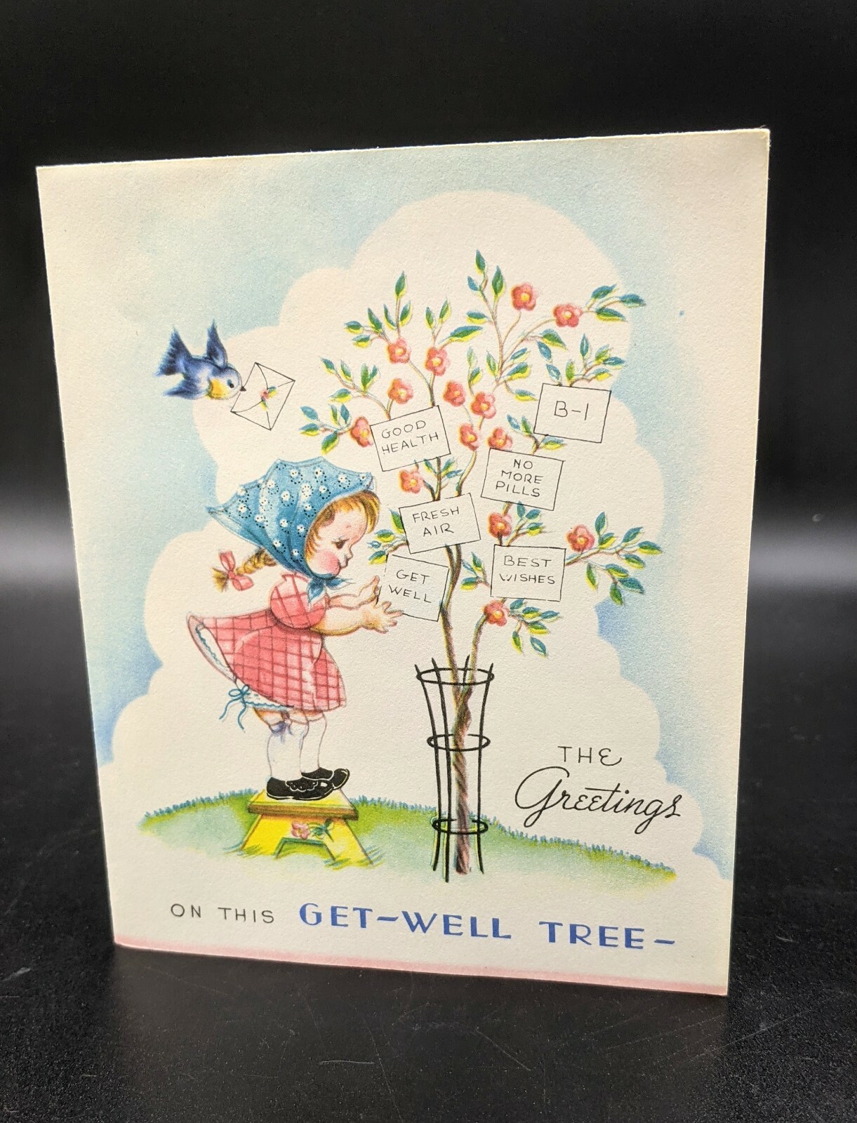 Unsigned Vintage Wallace Brown Greeting Card GET WELL Tree Girl Bluebird wishes