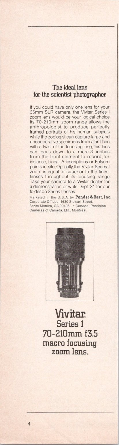 Vivitar Series 1 70-210mm f3.5 Macro Focusing Zoom Lens 1974 Print Ad Vivitar Series 1 70-210mm f3.5 Macro Focusing Zoom Lens 1974 Print Ad