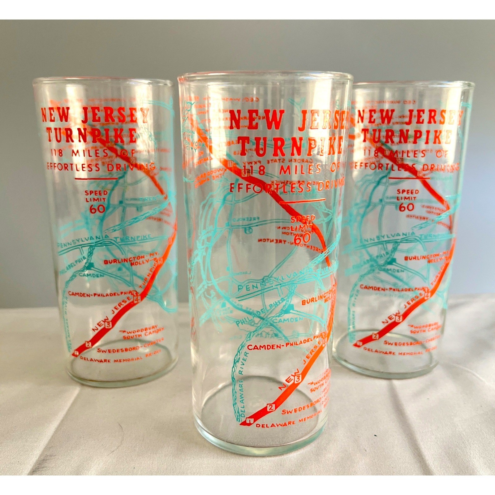 Set of 3 Vintage New Jersey Turnpike Map Souvenir Highball Glasses Orange Blue