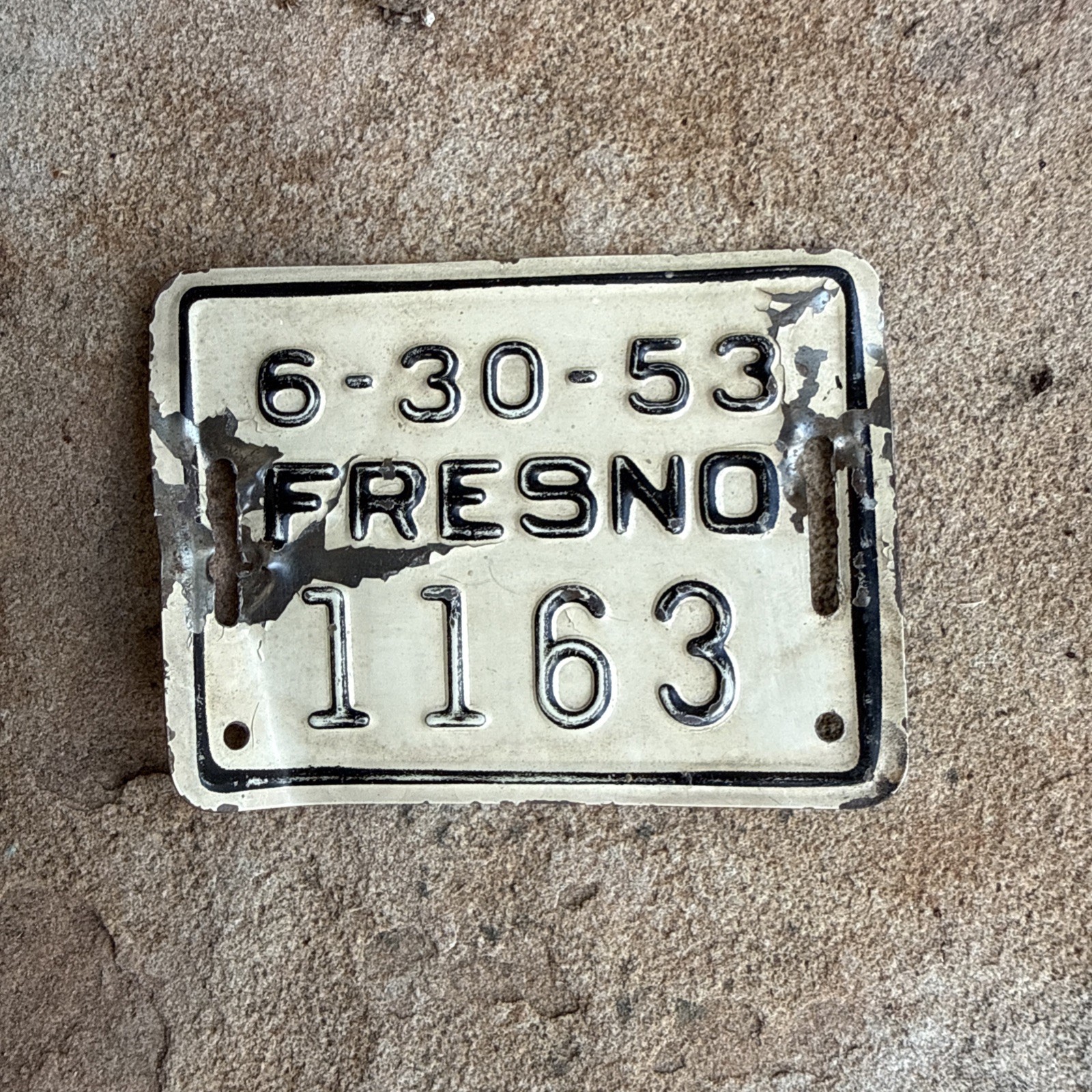 Vintage 1953 Fresno California CA Bicycle Metal License Plate Tag
