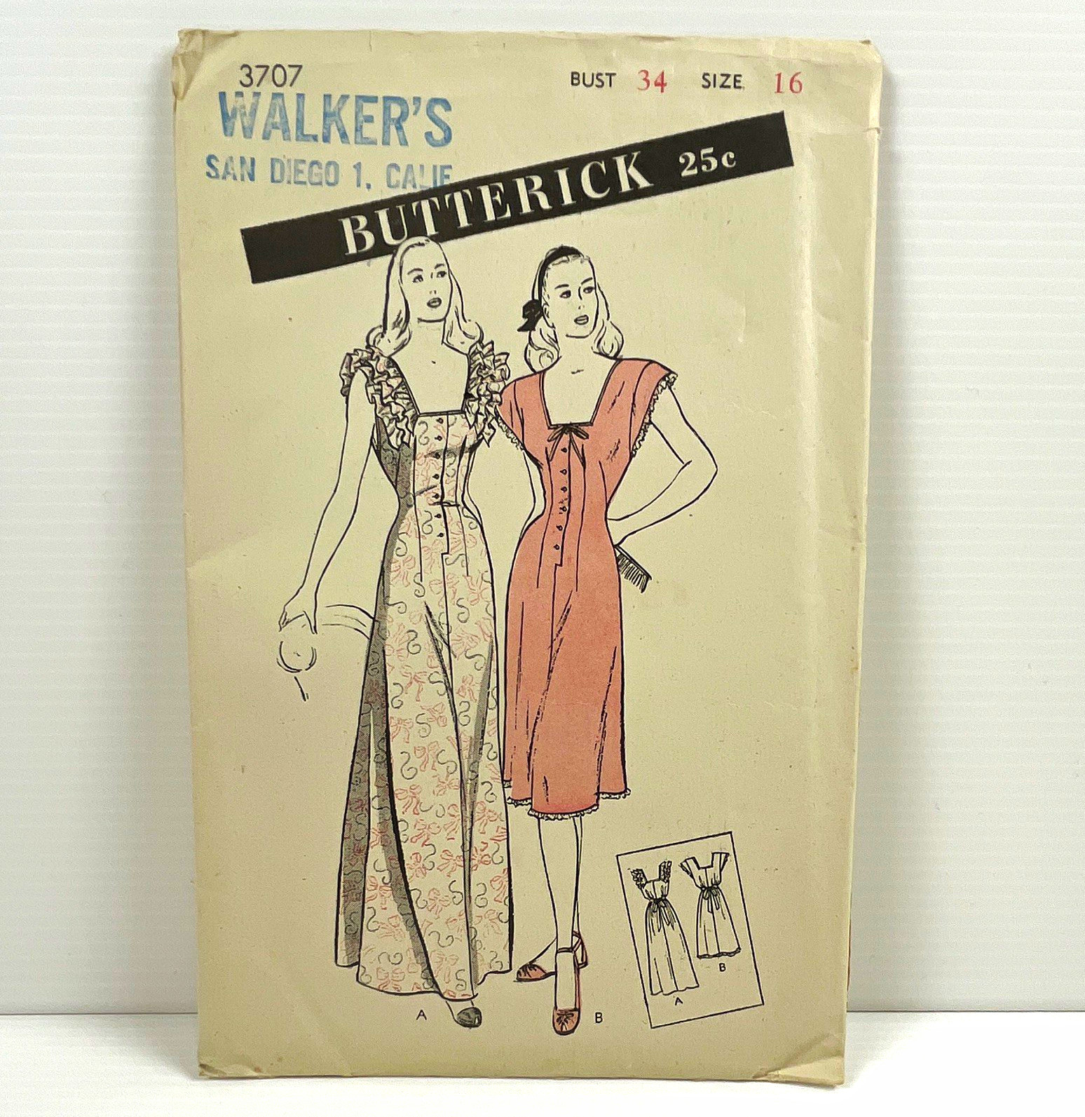 Butterick Vintage Original 1940s Sewing Pattern #3707 Nightgown Size 16 Uncut Butterick Vintage Original 1940s Sewing Pattern #3707 Nightgown Size 16 Uncut