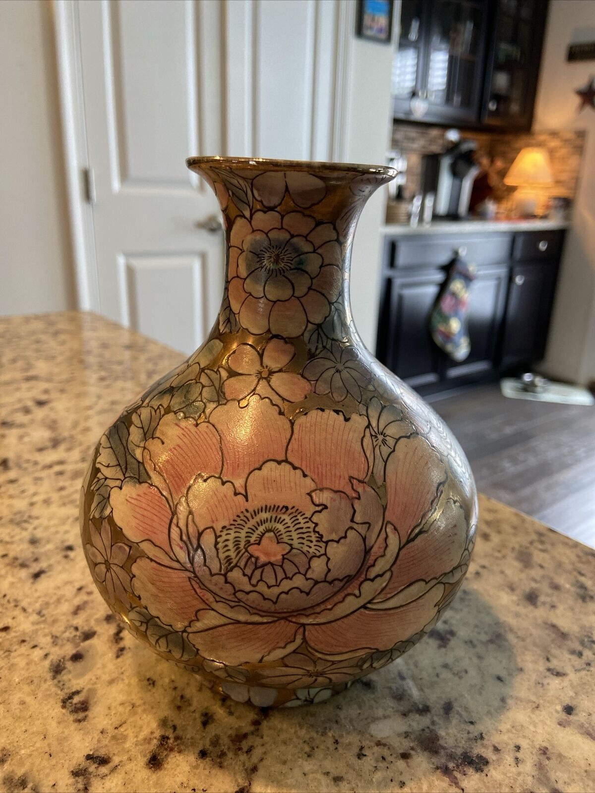 Vintage Macau Vase Hand-Painted Peony Gold Gilded Porcelain 6.25” Red Maker Mark