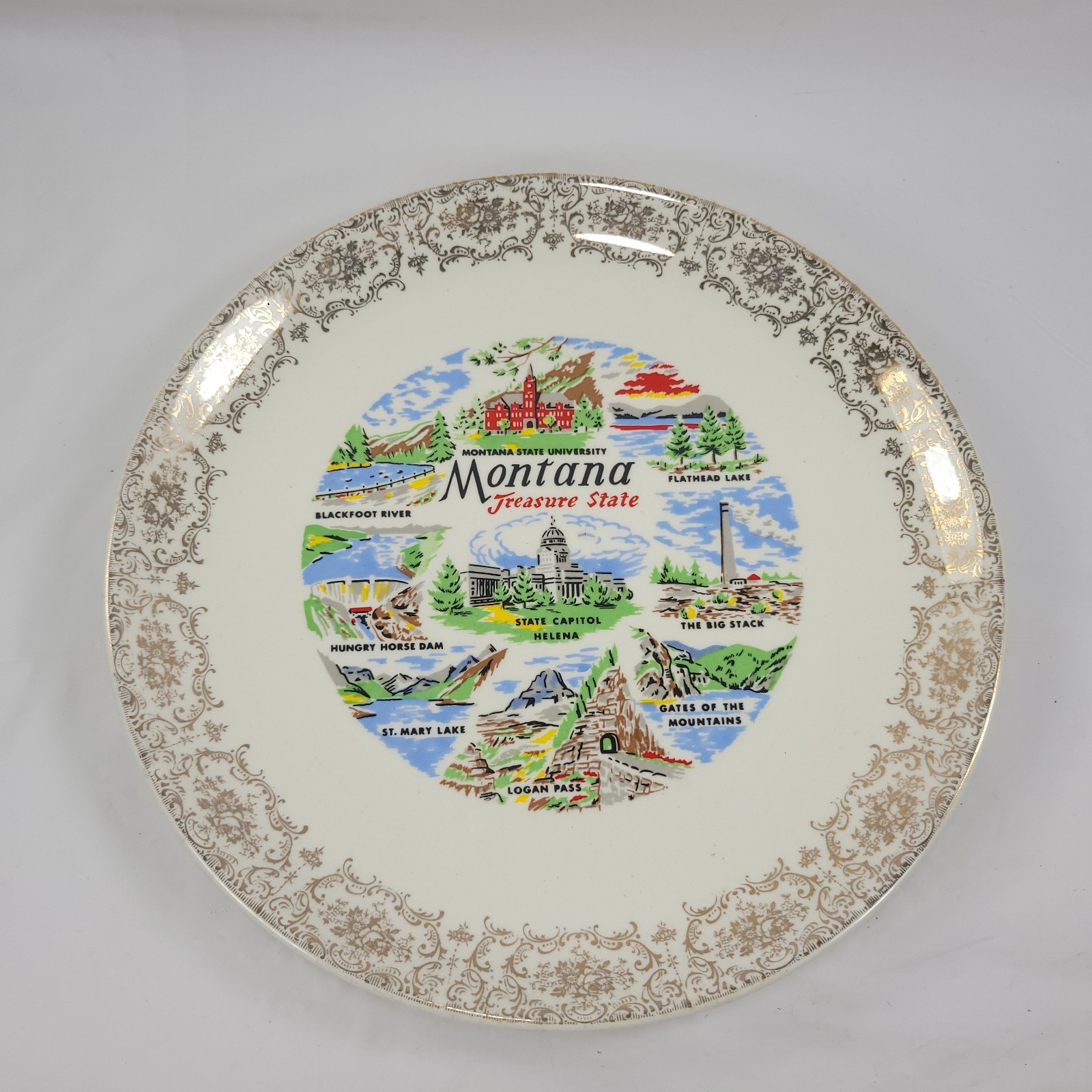 Vintage Montana Treasure State Souvenir Plate Gold Trim Ceramic Wall Decor