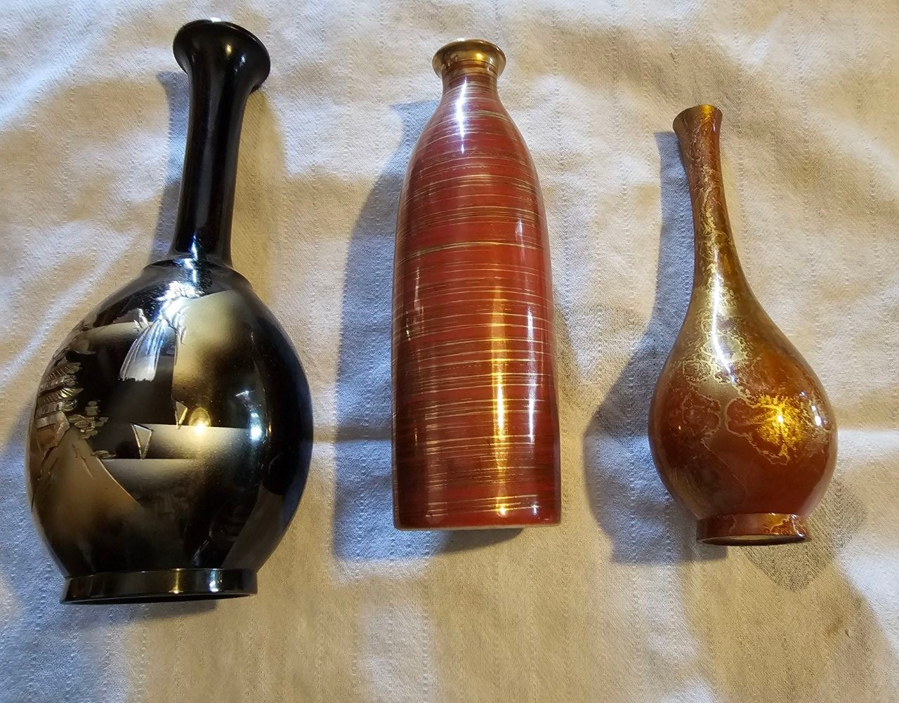 Vintage Japanese Vase Lot of 3 – Mixed Metal Pagoda, Toyo Porcelain, OMC Gold