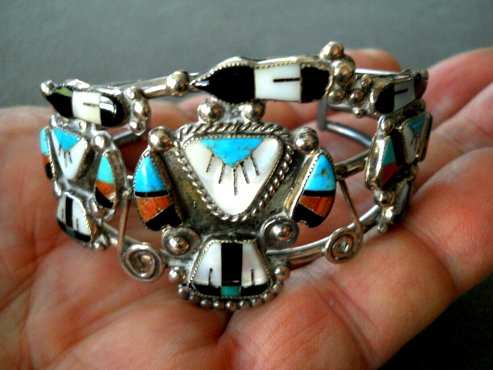Old Native American Zuni Multi-Stone Inlay Sterling Silver Thunderbird Bracelet