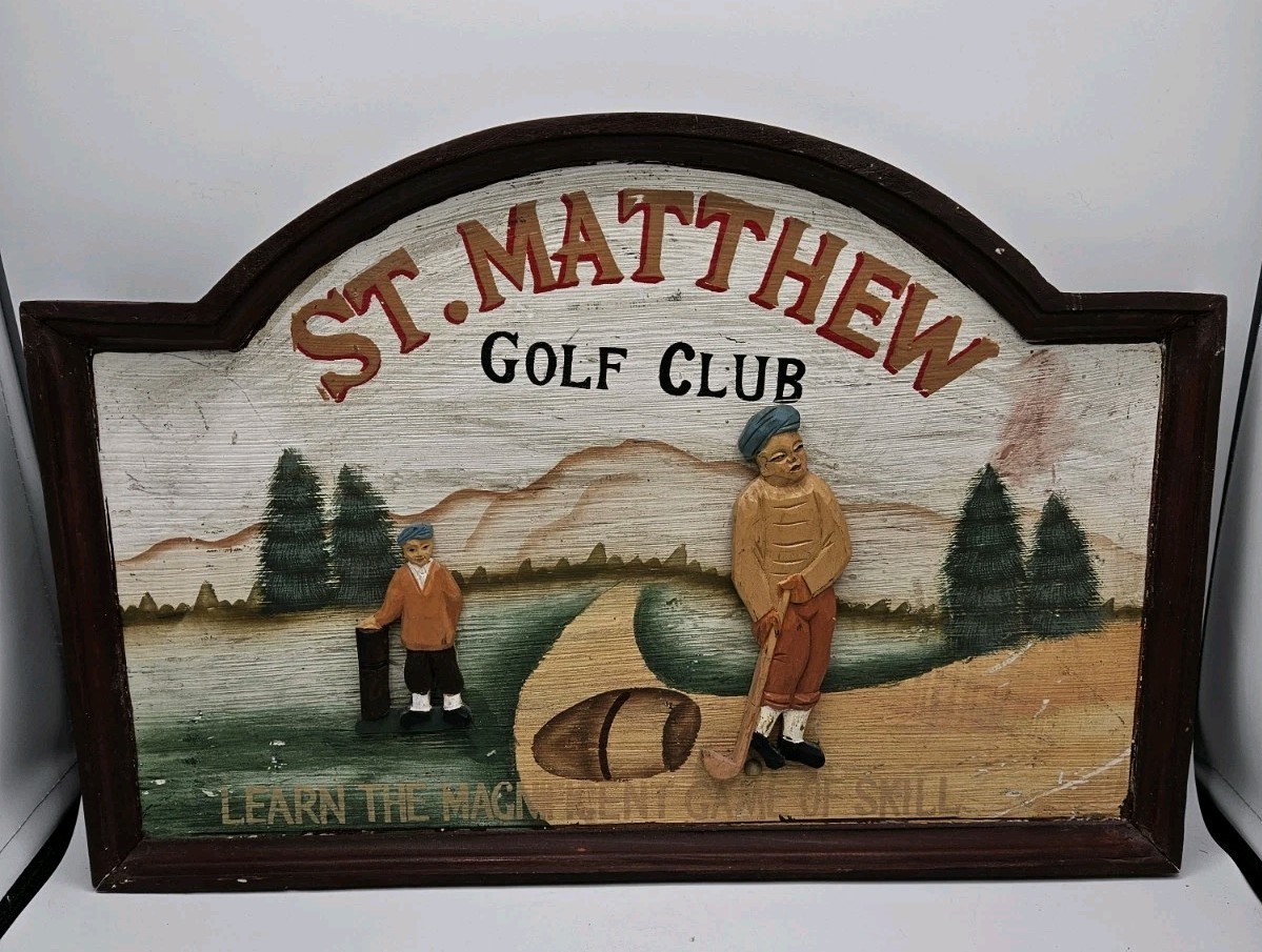 Vintage ST. Matthew Golf Club Sign Wooden Carved Picture Man Cave Rustic 
