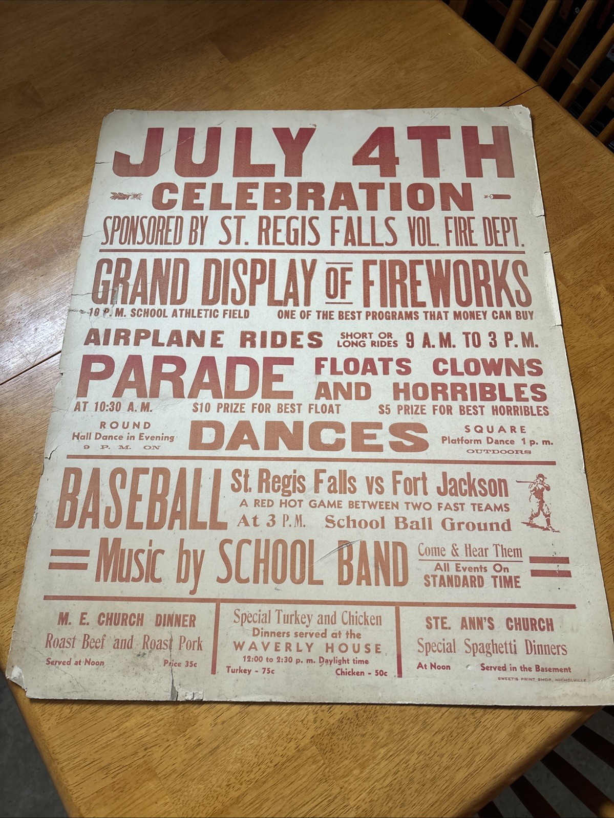 Vintage Broadside July 4 Celebration St Regis Falls NY Early 1900s Horribles Con