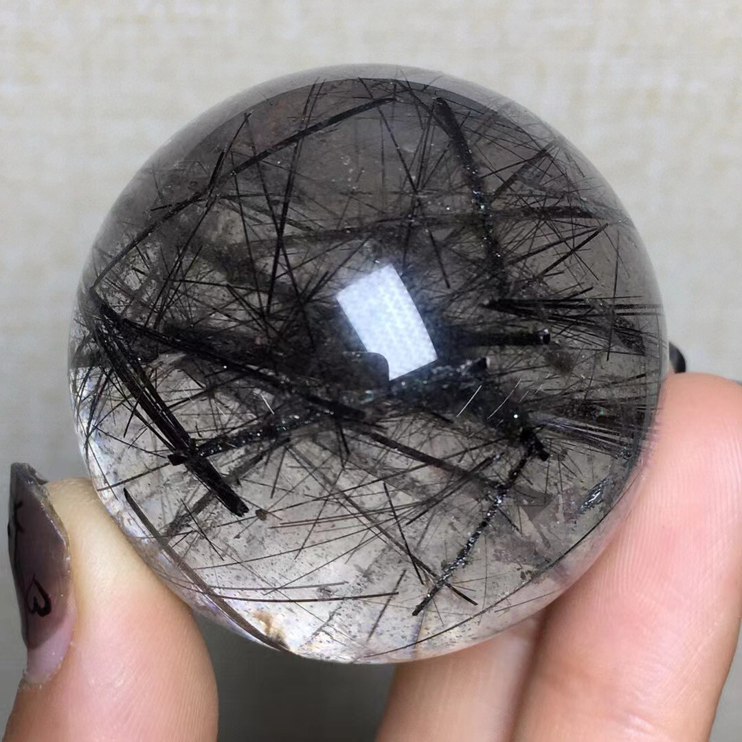 89g Natural Black hair Quartz Sphere Crystal Energy Ball Reiki Healing Decor