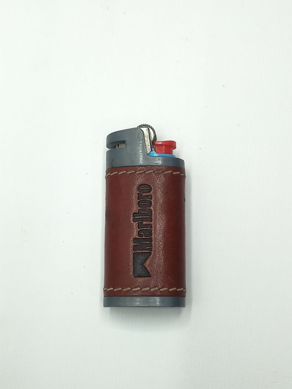 Vintage Marlboro Metal & Leather Lighter Case Holder Sleeve For BIC Mini J25