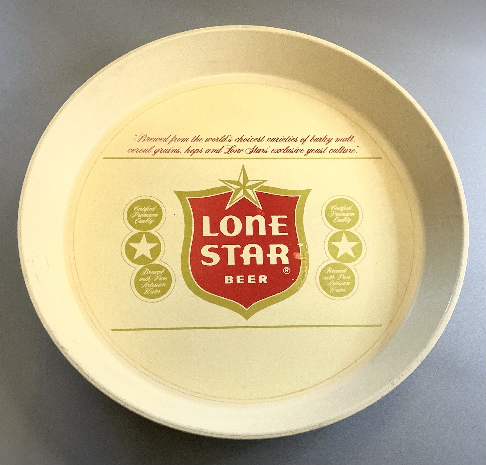 Lone Star Beer Round Plastic Serving Tray 13” Red & Gold Logo Slogans RARE 1980s