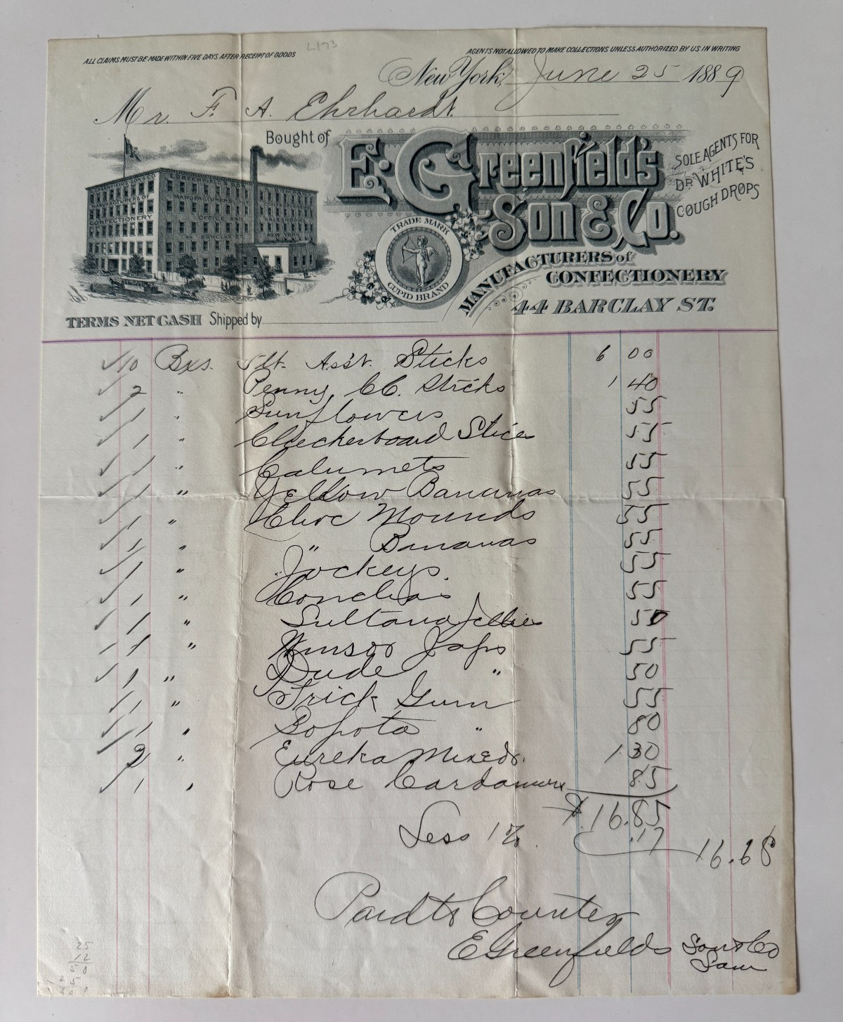 Vtg 1889 Billhead New York E Greenfield\'s Son & Co Confectionery 44 Barclay St