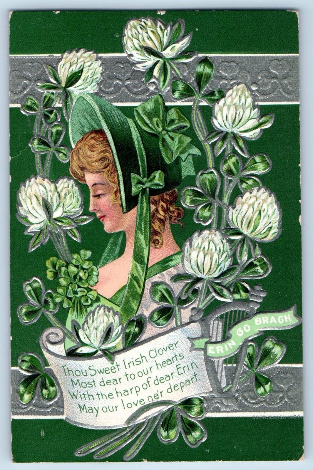 Modesto CA Postcard St. Patrick\'s Day Pretty Woman With Hat Flowers Clover Nash