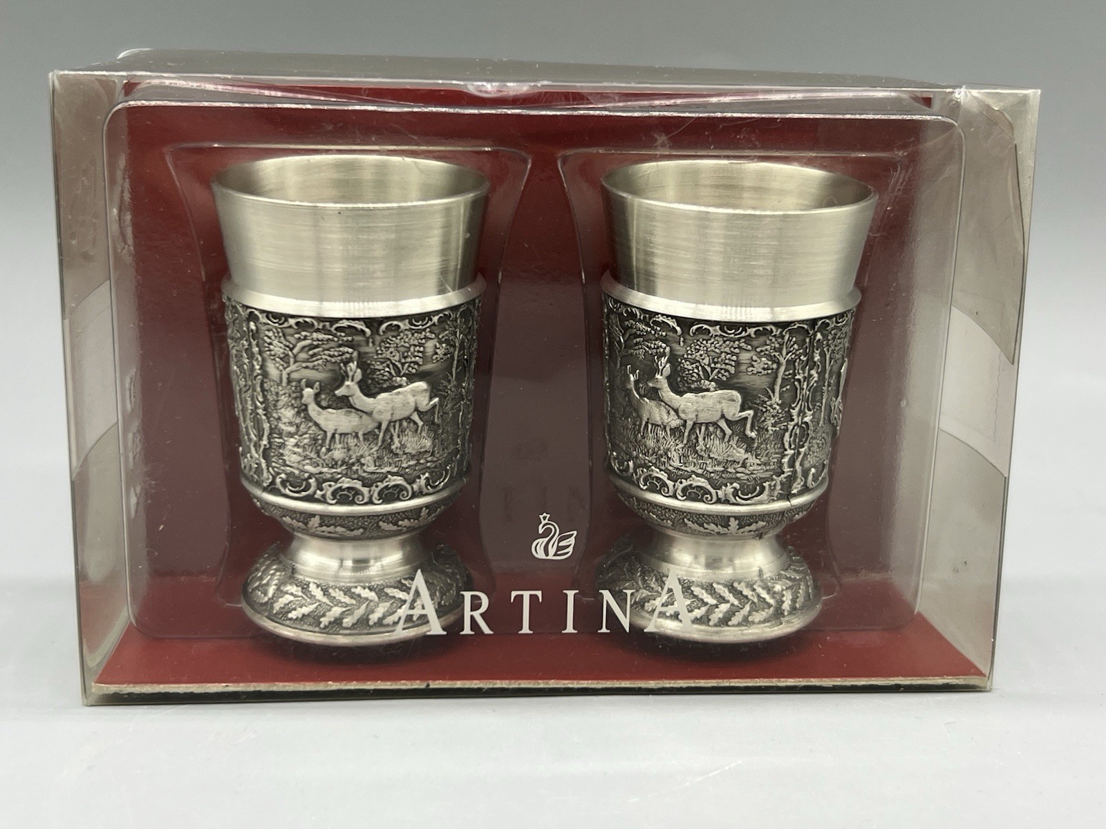 German Vintage Artina SKS Zinn 95% Pair of Pewter Shot Glasses Hunter Scene NIB