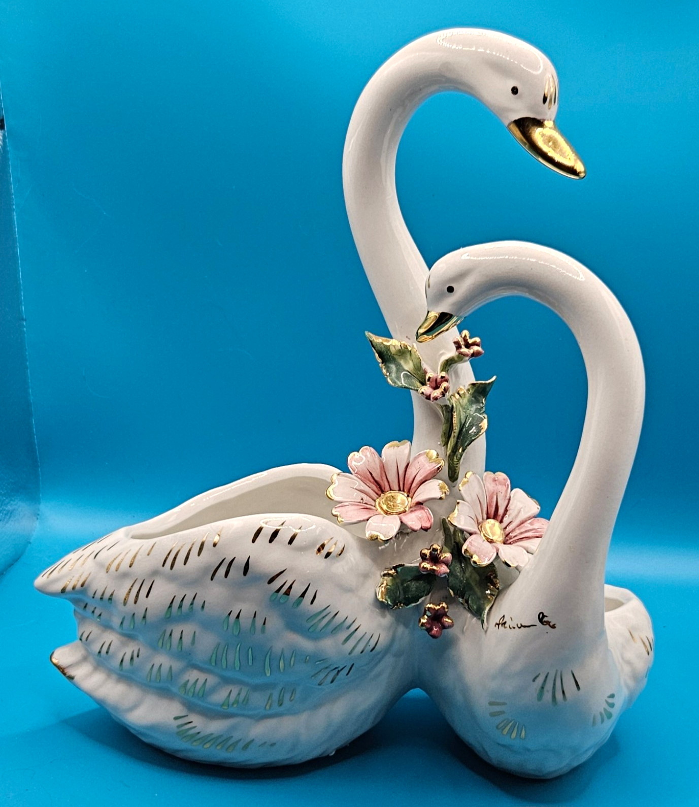 Capodimente Porcelain Twin Swan Planter - Made in Italy and Accented in 24K Gold