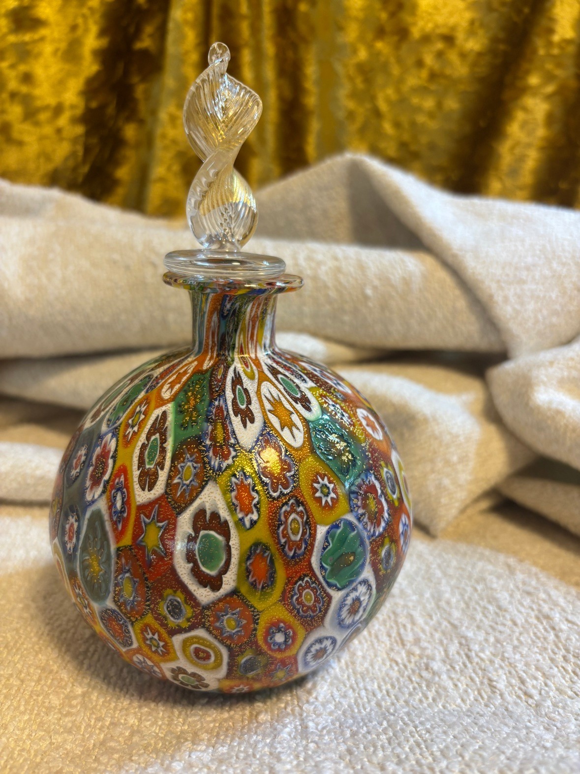 Large Vintage Murano Style Millefiori Art Glass Perfume Bottle Twisted Stopper
