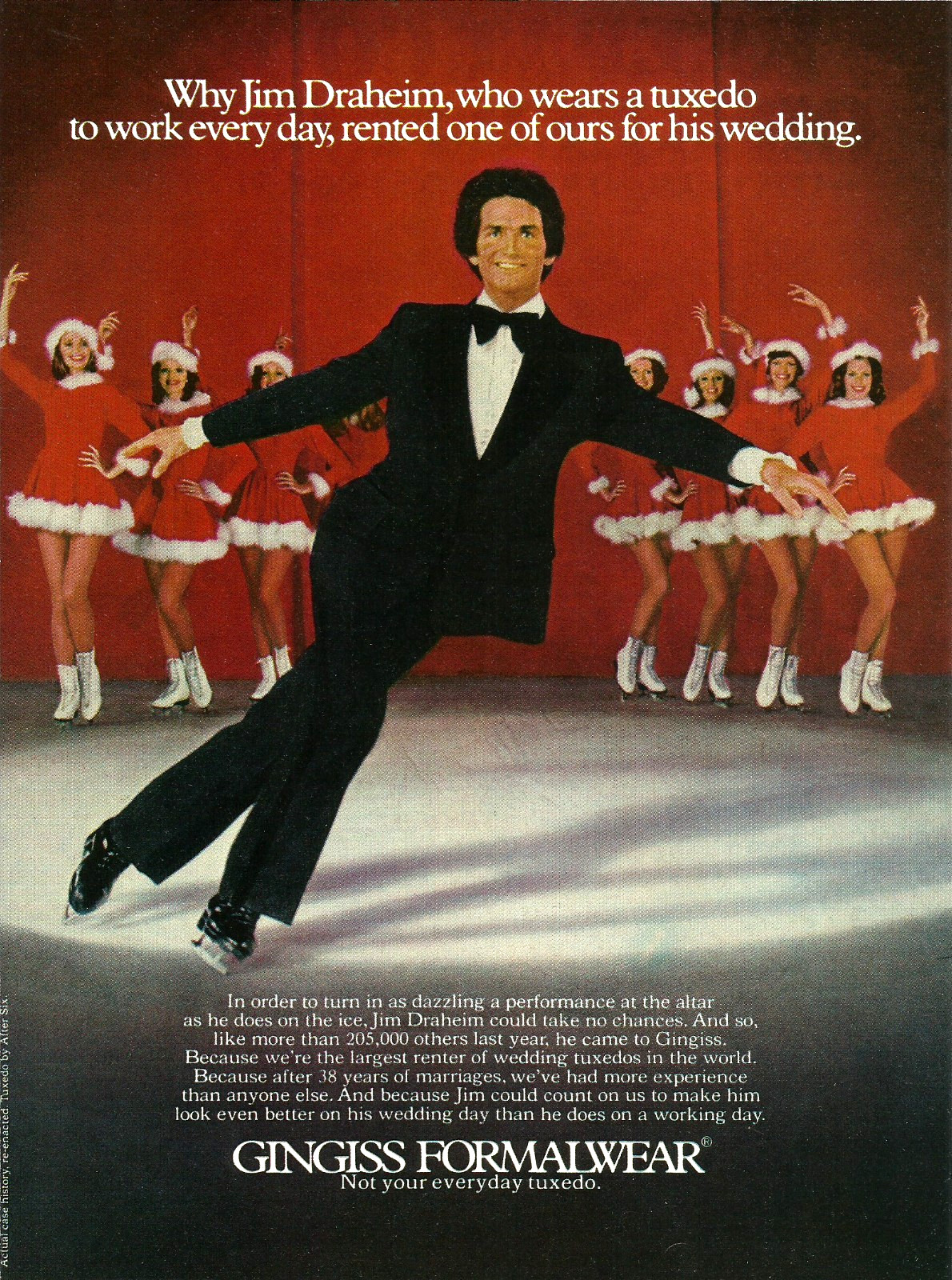 1974 Gingiss Formalwear Tuxedo After Six Jim Draheim Ice Skater vintage Print AD