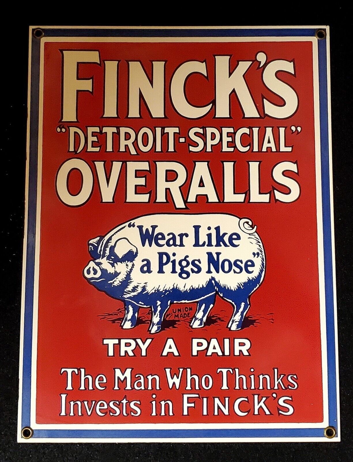 Vintage Finck's “Detroit Special” Overalls Pig Advertising Porcelain Enamel Sign