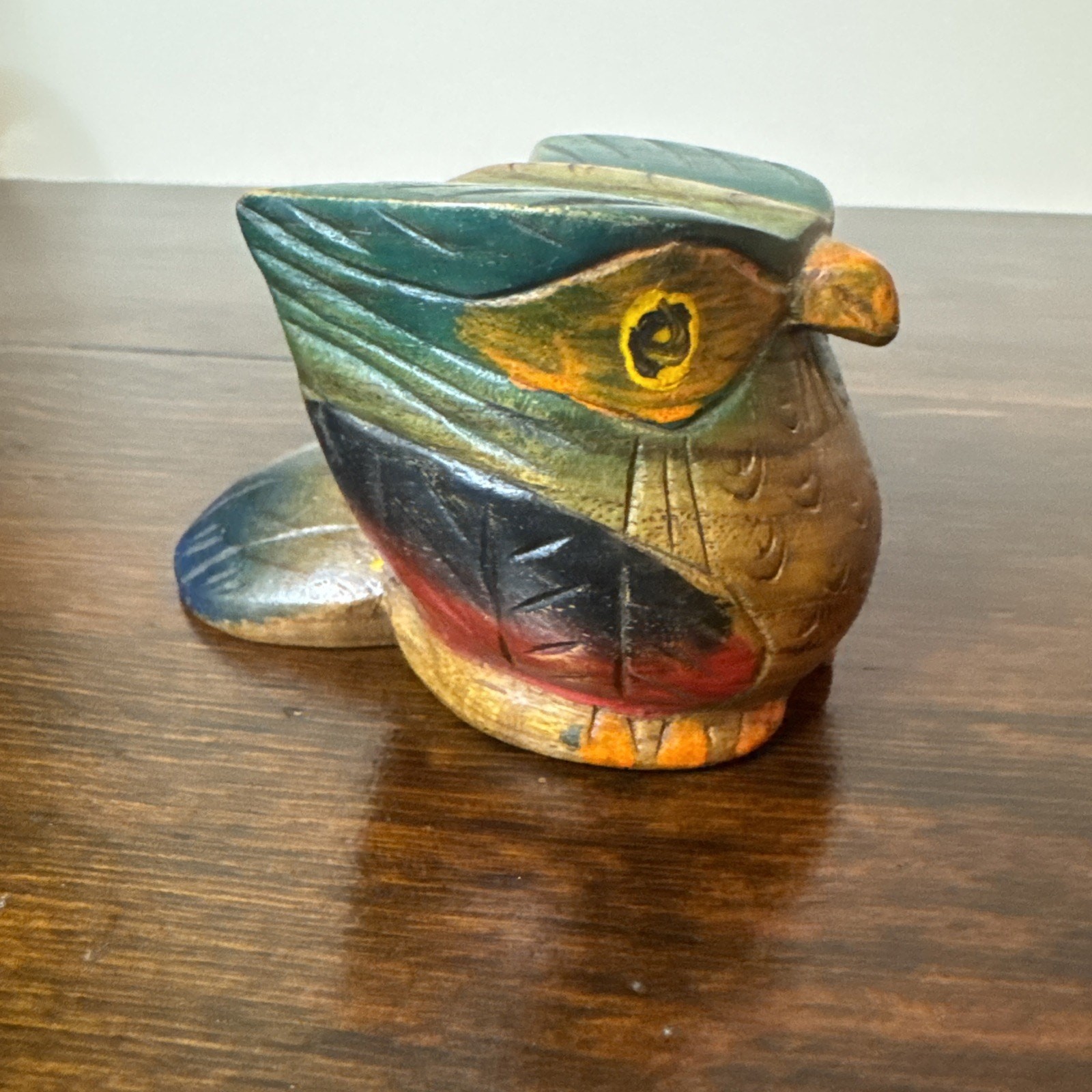 Vintage Wooden Owl Figurine Hand Carved Artisan Wood Bird Colorful Folk Art