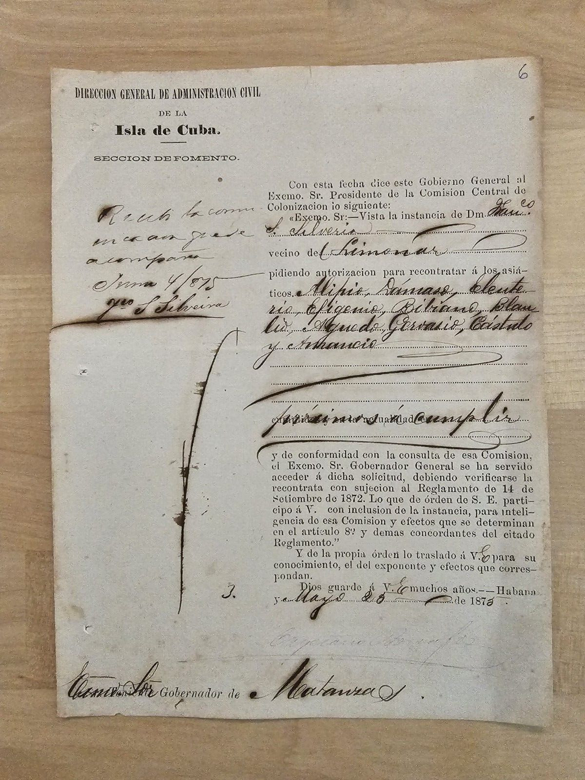 ANTIQUE 1875 CHINA CHINESE SLAVES HAVANA  CONTRACT DOCUMENT SIGNED