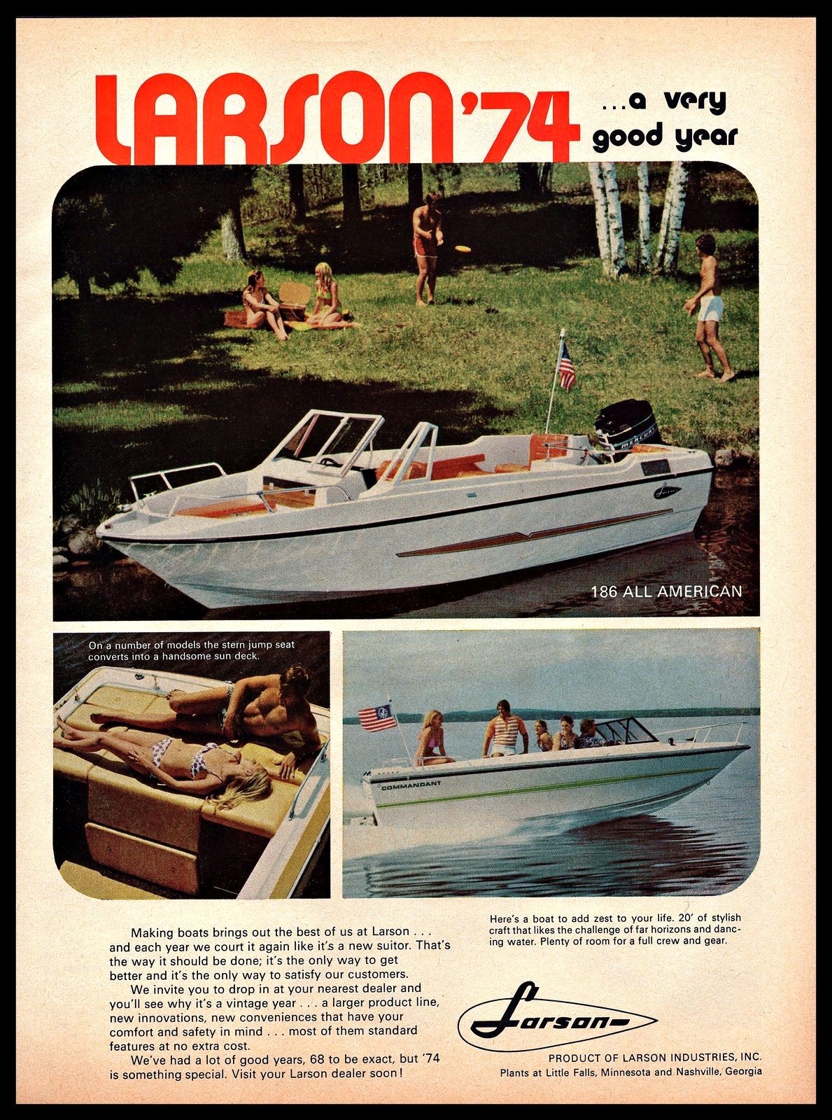 1974 Larson 186 All American Boat Family Lake Trip Fun Vintage PRINT AD 1970s 