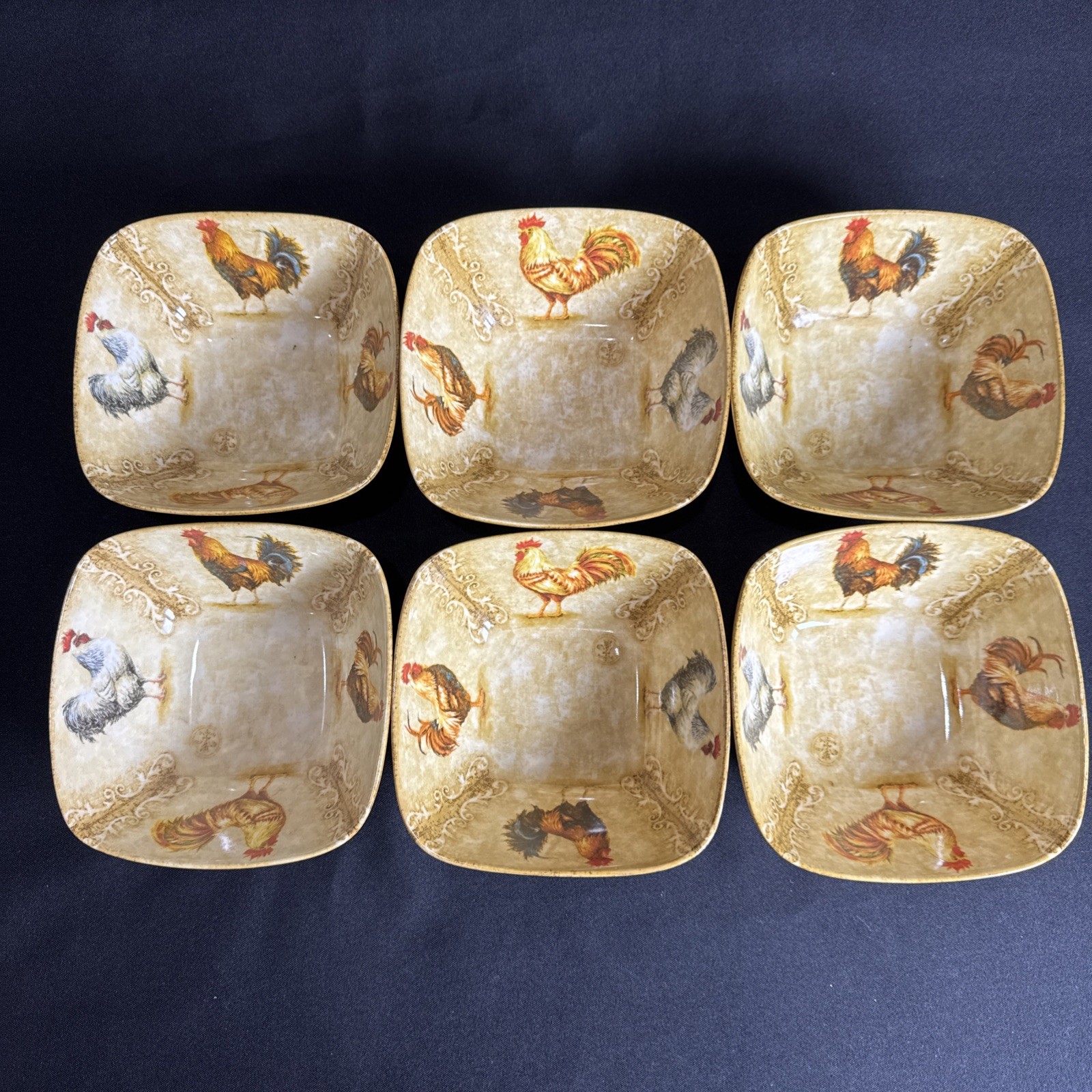 222 Fifth Rustic Roosters Soup Cereal 6”Bowl Discontinued Set Of Six Farmhouse
