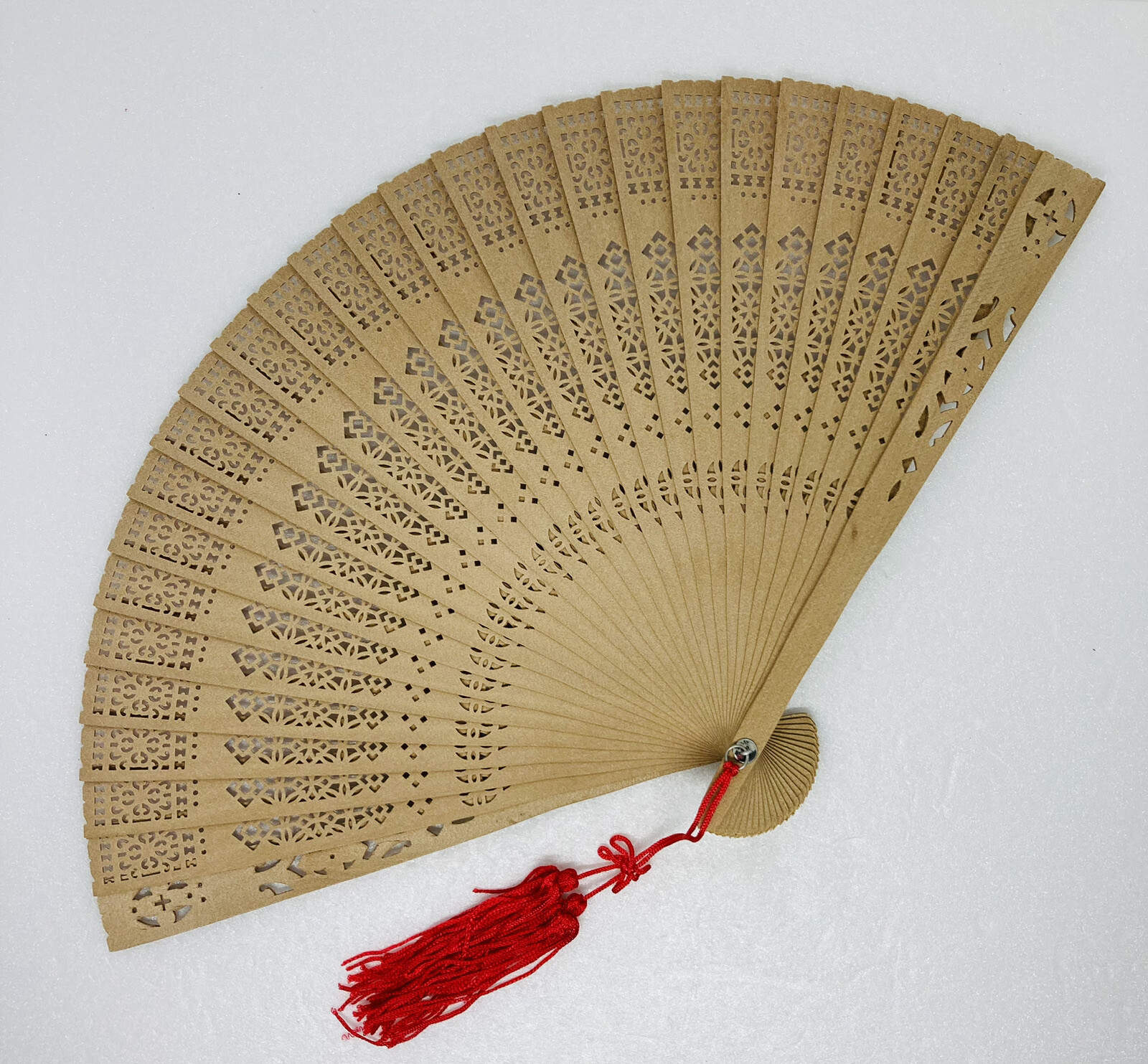 Vintage 1970s Japanese Handcarved Bamboo Wood Hand Fan Ornate Art Decor c3