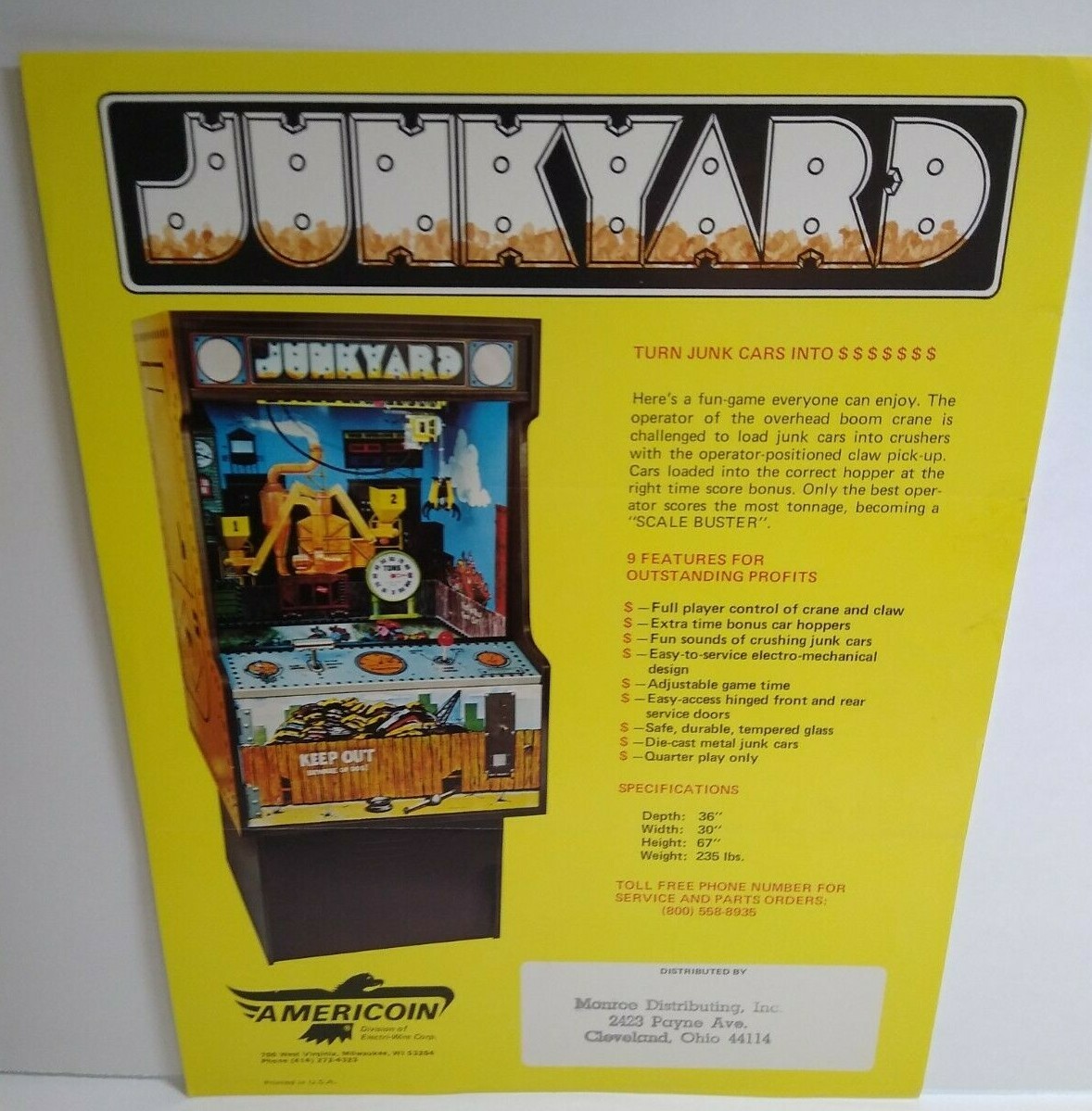 Americoin Junkyard Arcade FLYER Original Vintage Game Vintage Retro Art 1977