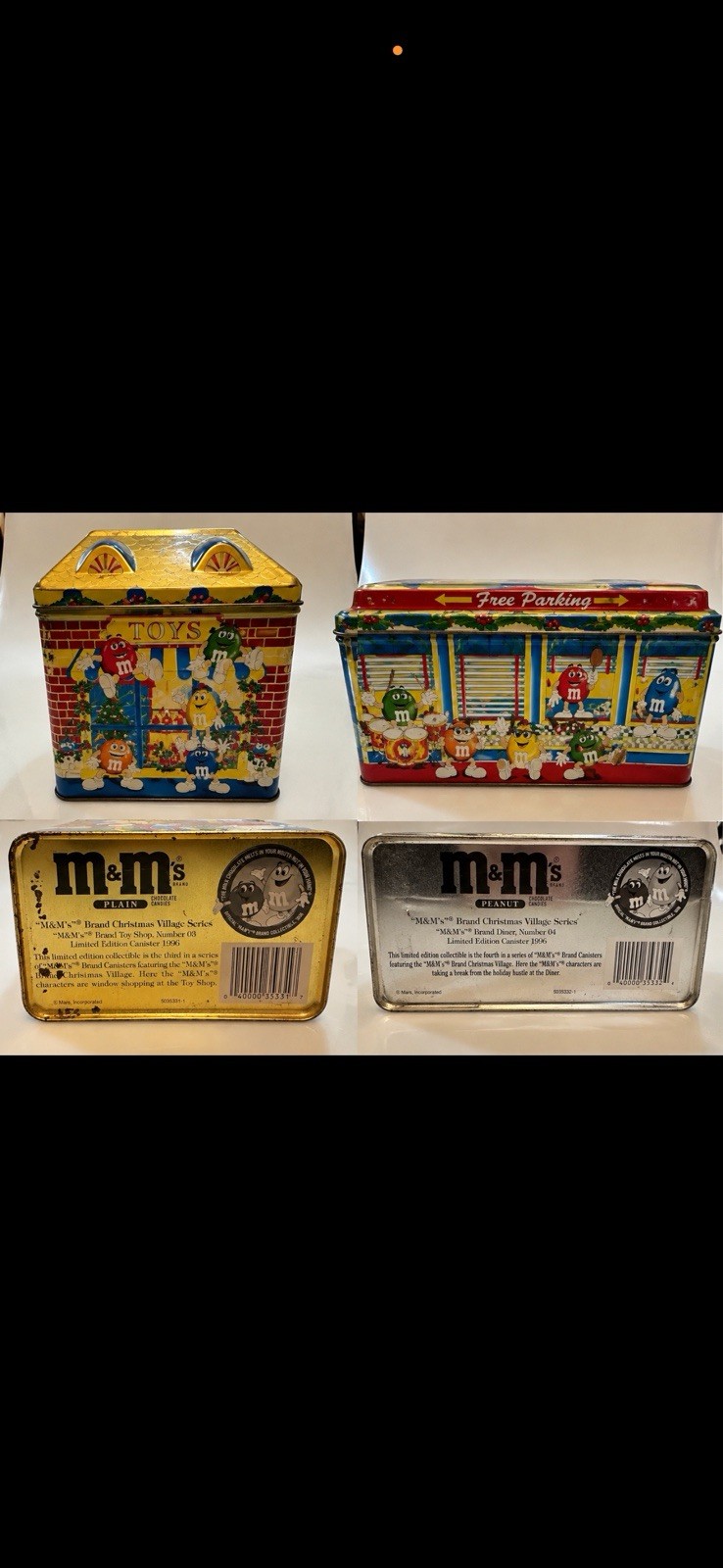 Vintage 1996 M&M’s Christmas Village Tin Canisters Lot of 2 Toy Shop Diner